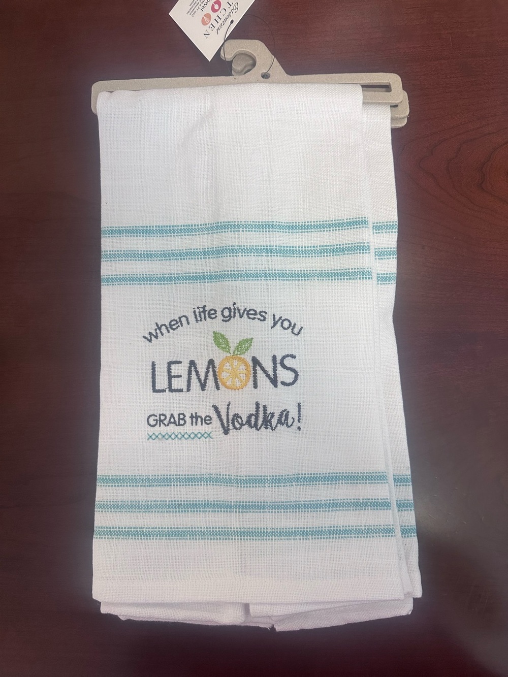Kitchen Tea Towel - Turquoise Stripe "When Life Gives You Lemons"